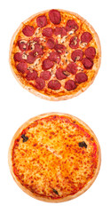 Fototapeta na wymiar Set of two delicious pizza isolated on white background, top view. Pizza with salami and mushrooms and pizza Margherita