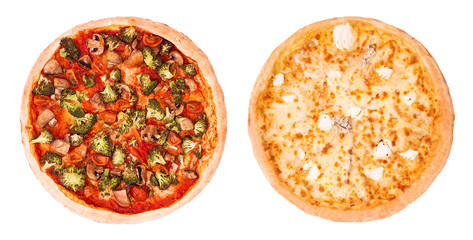 Set of two delicious pizza isolated on white background, top view. Vegetarian pizza with various vegetables and pizza quattro formaggi