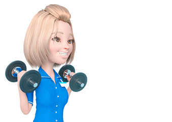 Fototapeta premium blond nurse cartoon is doing some workout exercise with the dumbbells close up with copy space