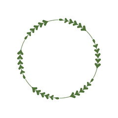 Round frame of green twigs with leaves. Design template for logo, invitation, greetings. Laconic stylish wreath. Minimalist border. Deciduous wreath. Vector illustration, stick, leaf