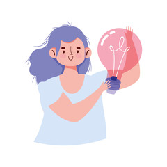 young woman with light bulb idea creativity isolated icon design