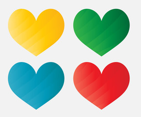 Set of heart vector icons. Love symbol. Yellow, green, blue and red