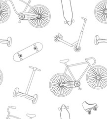 Vector seamless pattern of flat outline bicycle skateboard roller scooter and summer activities sport isolated on white background
