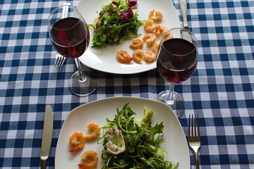 green salad with shrimp and wine for two guests on a table with a tablecloth