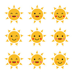 Set of smiling cartoon sun - flat design. Emoticons. Vector illustration