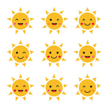 Set of smiling cartoon sun - flat design. Emoticons. Vector illustration