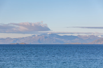 Norwegian summer landscape fjord, mountains, Norway. selective focus, Colorful morning scene in Norway.