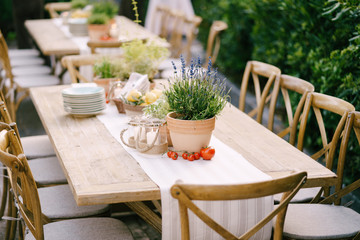 Fototapeta na wymiar Wedding dinner table reception at sunset outside. Ancient rectangular wooden tables with rag runner, wooden vintage chairs, lavender pots, cherry tomatoes and clay pots with lemons on tables