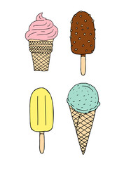 Vector set bundle of hand drawn doodle sketch different colored ice cream isolated on white background