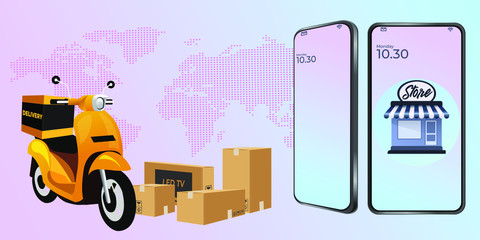 Online delivery service concept. Delivery logistics home and office. courier delivery man. on mobile Vector illustration
