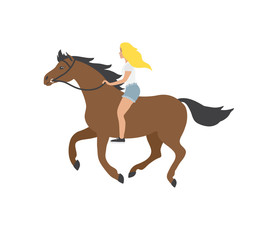 Vector flat cartoon hand drawn blond girl riding brown horse bareback isolated on white background