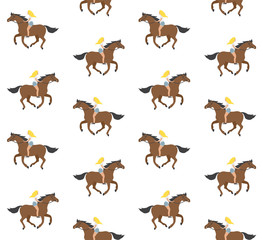 Vector seamless pattern of flat cartoon hand drawn blond girl riding brown horse bareback isolated on white background