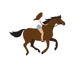 Vector flat cartoon hand drawn girl riding bay horse bareback isolated on white background
