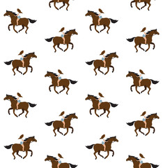 Vector seamless pattern of flat cartoon hand drawn girl riding bay horse bareback isolated on white background