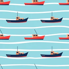 Tapeten Meereswellen Blaues nahtloses Muster des Sommers mit netten Booten. Nautischer Hintergrund. Ozean- oder Seesegeldruck. Vektor