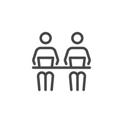 Co working Line Symbol Worker People With Laptops Designers-Development at the Desk. Icon in Outline Style From Pictogram Pack of Coworking, Workplace or Workspace. Custom Vector Sign Editable Stroke.
