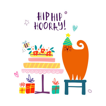 Funny cute vector illustration. A red cat stands near a huge cake with gifts. Birthday celebration concept. Festive mood. Design for cards, banners, posters, textiles.