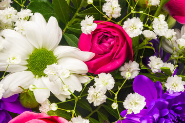 Background for a greeting card - beautiful gift bouquet of various colorful decorative summer flowers