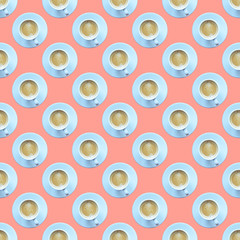 Coffee cup on a saucer with coffee on a pink background. Seamless pattern.