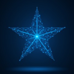 Five-pointed star, symbol of victory. A low-poly model of a geometric shape. Blue background.
