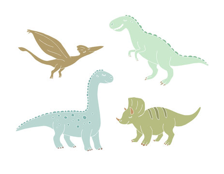 Vector set bundle of hand drawn doodle sketch different color dinosaur isolated on white background