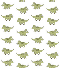 Vector seamless pattern of hand drawn doodle sketch green triceratops dinosaur isolated on white background