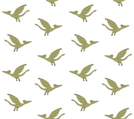 Vector seamless pattern of hand drawn doodle sketch green flying pterodactyl dinosaur isolated on white background © Sweta