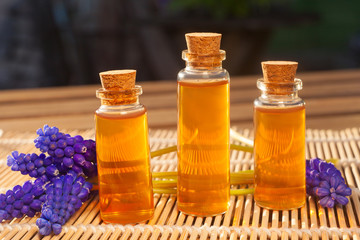 Essential oil of muscari flower on a table in beautiful bottle