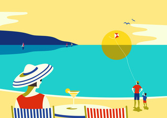 Fototapeta premium Family seaside leisure relax on beach flat vector