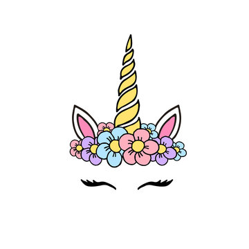 Vector hand drawn doodle sketch colored unicorn face with flowers isolated on white background