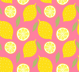 Vector seamless pattern of yellow colored hand drawn doodle sketch lemon isolated on pink background