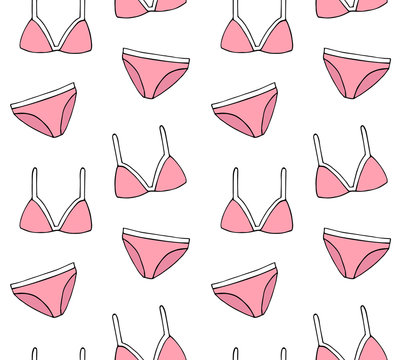 Vector seamless pattern of pink hand drawn doodle sketch female swim suit bikini isolated on white background