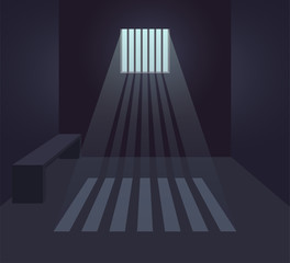 Dark prison cell interior. Prison room.  Small window with sunbeams. Flat vector illustration.