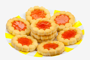 Tasty crispy fresh cookies on a plate on a White background