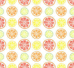 Vector seamless pattern of different hand drawn doodle sketch citrus fruit slices isolated on white background