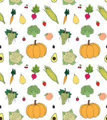Vector seamless pattern of hand drawn doodle sketch colored fruit and vegetables isolated on white background