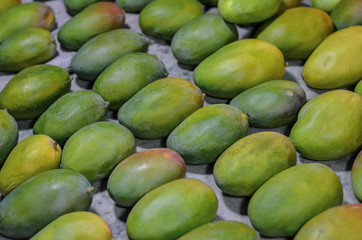 A variety of juicy mango fruits put on counter for sale in the market.