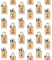 Vector seamless pattern of hand drawn doodle sketch colored eco bag with vegetables and lettering isolated on white background