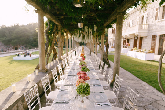 Wedding Dinner Table Reception. A Very Long Table For Guests With A White Tablecloth, Floral Arrangements, Glass Plastic Transparent Chairs Chiavari. Under The Old Columns With Vines Of Wisteria.