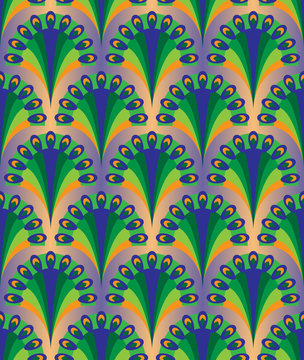 Seamless vector pattern with vibrant image of peacock tail on gradient background. Bright blue, green and orange in this geometric art deco design that is perfect for textile. Image of oriental luxury