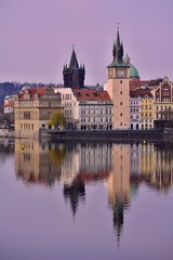 Fototapeta na wymiar View of the Old Town pier architecture and Charles Bridge over Vltava river in Prague, Prague castle, Czech Republic in Covid 19 without people