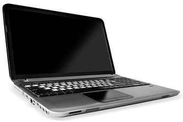 A laptop notebook with black screen on white background, isolated.