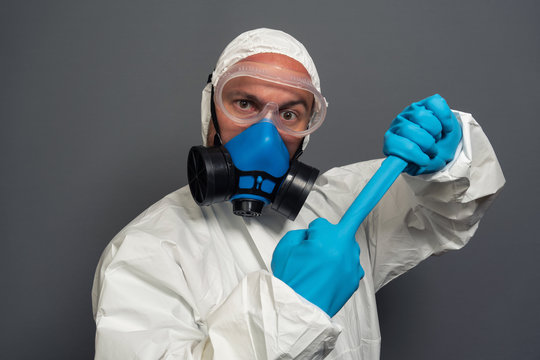 Funny Epidemic Specialist Guy Disinfectant Control Public Places Disinfecting Cleaning Arms Crossed Wear Hazmat Protective Suit Goggles Mask Isolated Grey Color Background