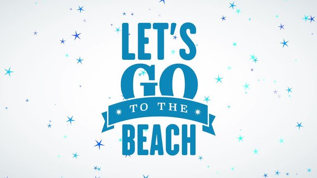 lets go to the seaside written in a column with blue offset of opposite size and words inner large creased ribbon with galaxy