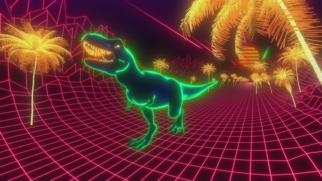 Tyrannosaurus walking loop animation. Neon dinosaur 3d render. Retrowave style