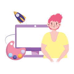 people creativity and technology,boy with computer idea innovation cartoon