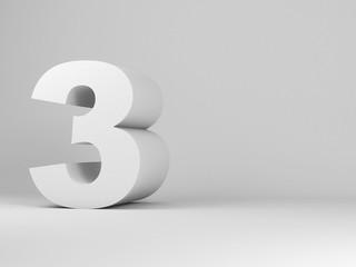 White digit three installation in an empty studio room, 3d