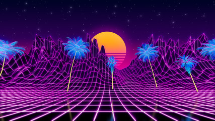 80s retrowave neon background. Fly through low poly landscape with palms trees.
