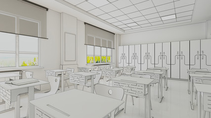 Modern classroom design draw 3D rendering