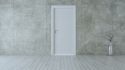 Closed white door in empty room with concrete wall realistic 3D rendering